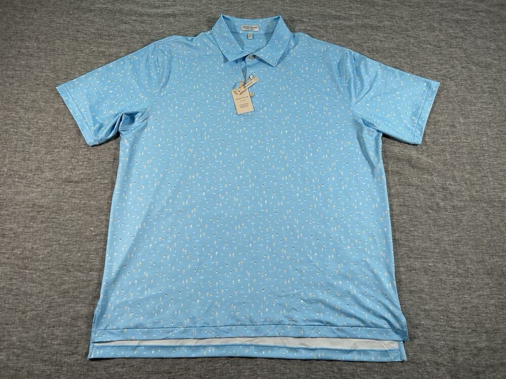 Peter Millar Sailing Away Polo Shirt Mens XXL Seaport Blue Sailboat Print Golf